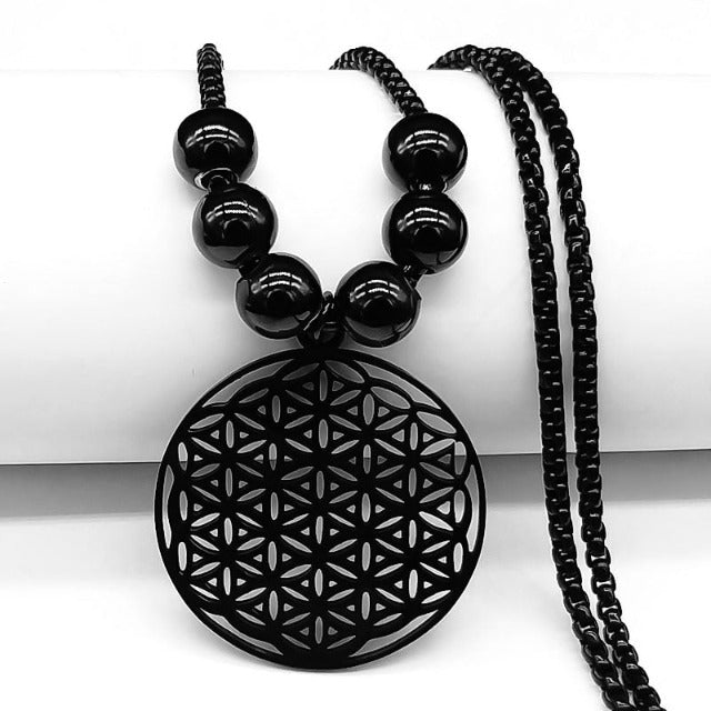 Dawapara Black Life Flower Pendant Beaded Mandala Necklace for Men and Women
