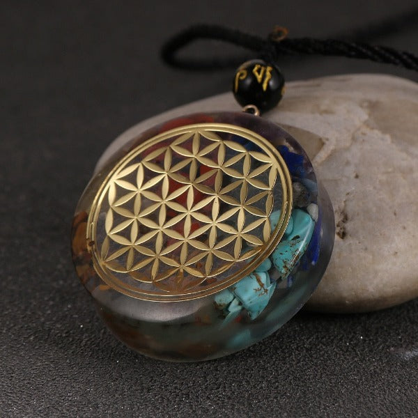 Orgonite Stone Pendant & Necklace for Men and Women, Protection, Meditation, Flower of Life Mandala