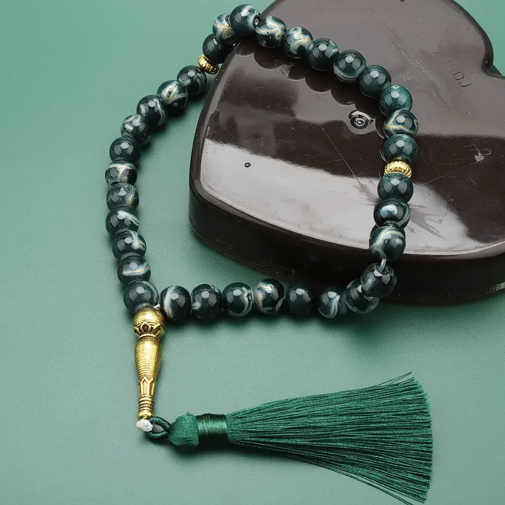 Tasbih Long 33 Beads Black - Green Muslim prayer rosary